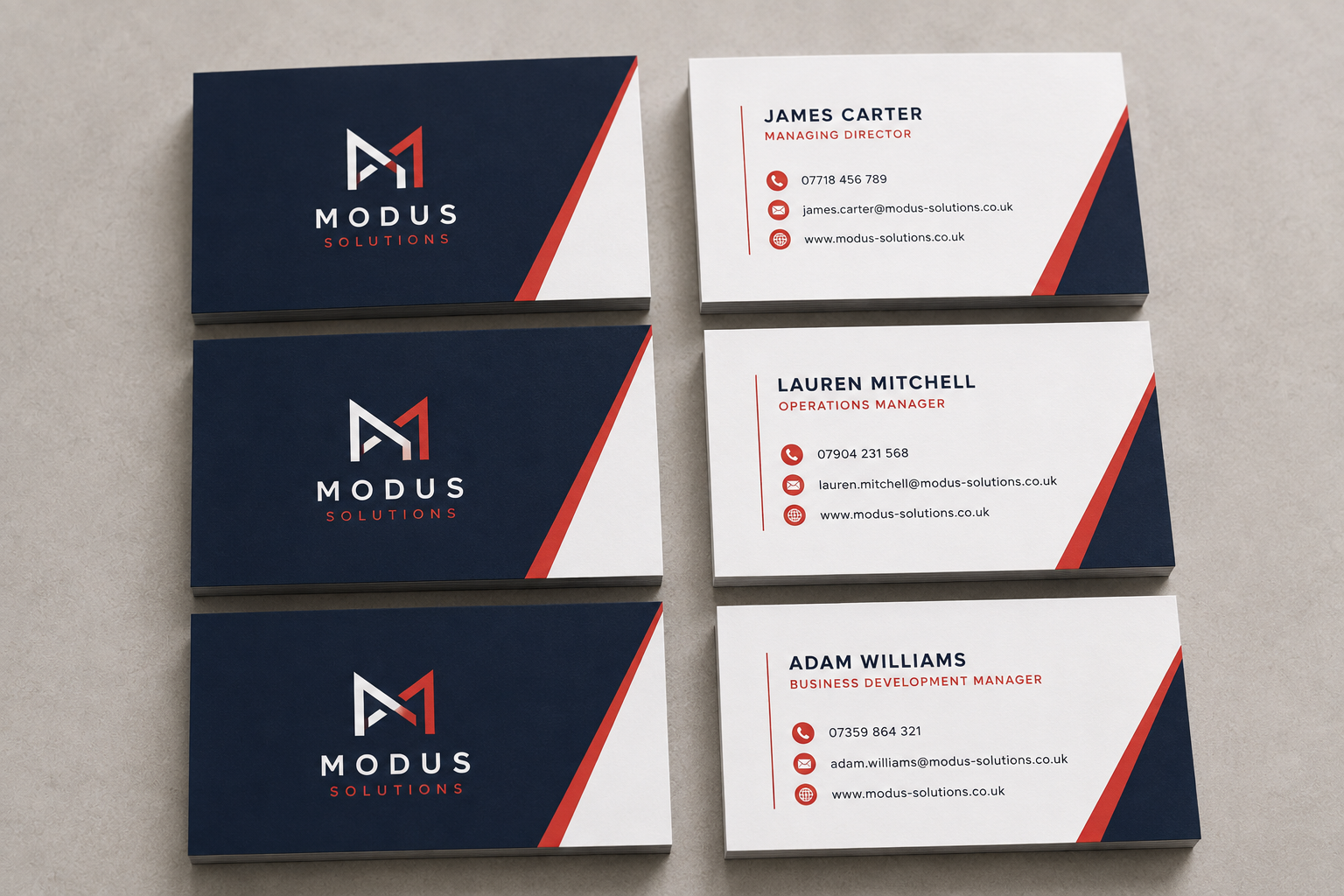 Business card name variations for different staff members using one consistent company design