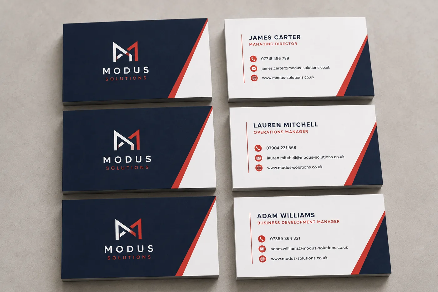 Business card name variations for different staff members using one consistent company design