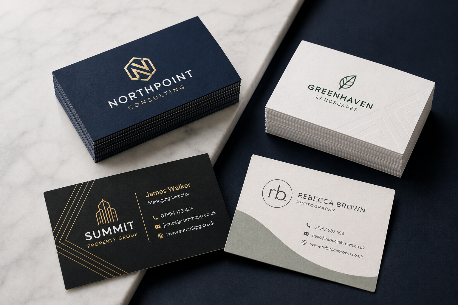 Premium business card mockups arranged on dark and marble surfaces