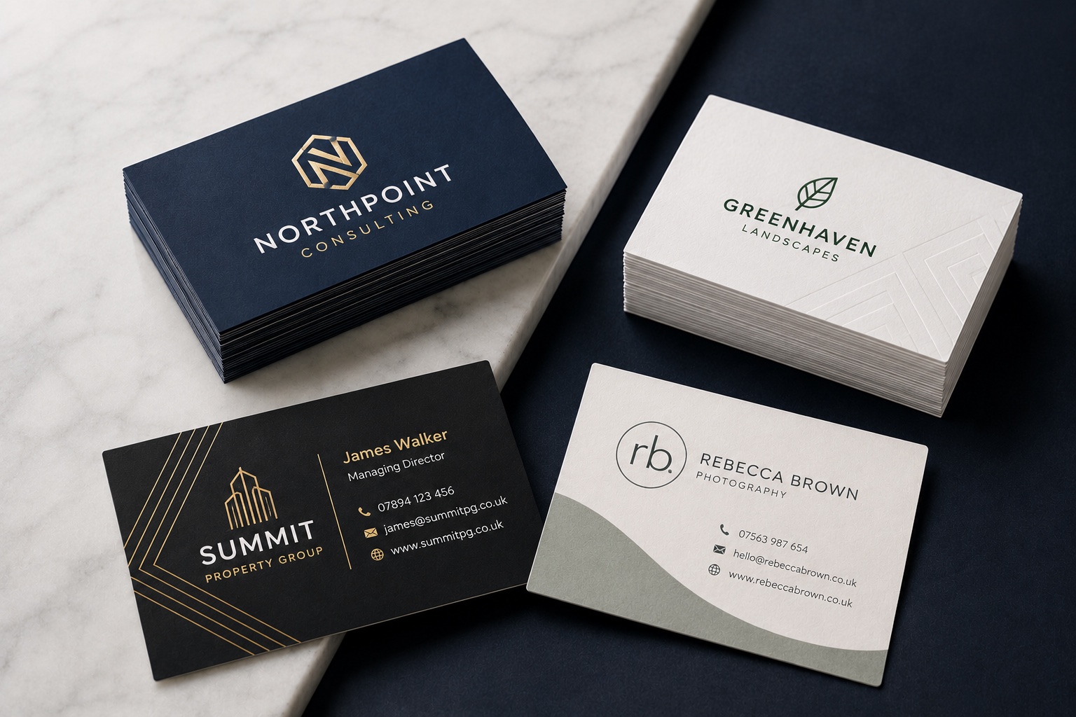 Premium business card mockups arranged on dark and marble surfaces