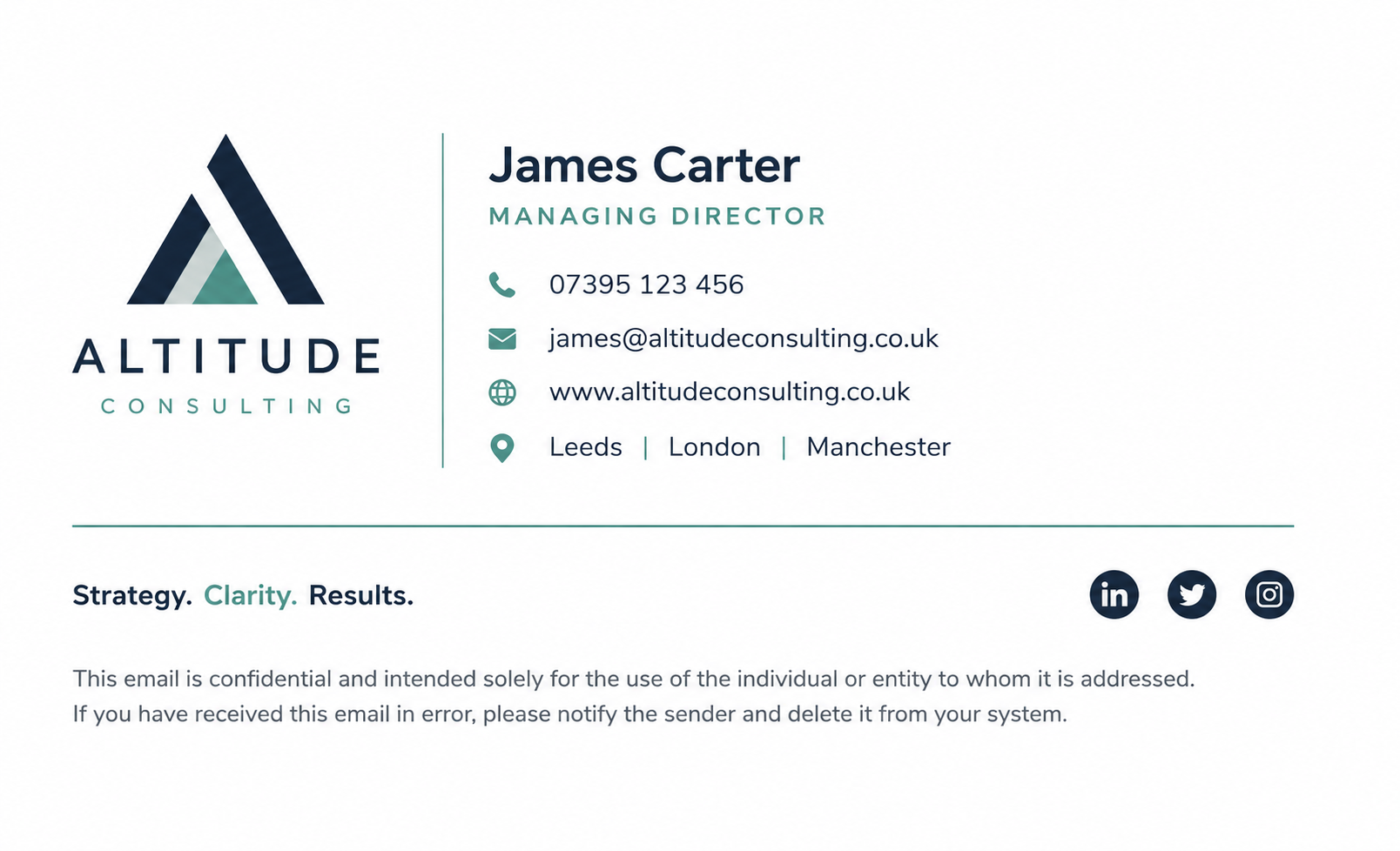 A clean branded email signature example with logo, contact details, social links and confidentiality note