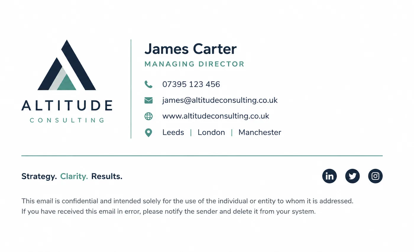 A clean branded email signature example with logo, contact details, social links and confidentiality note