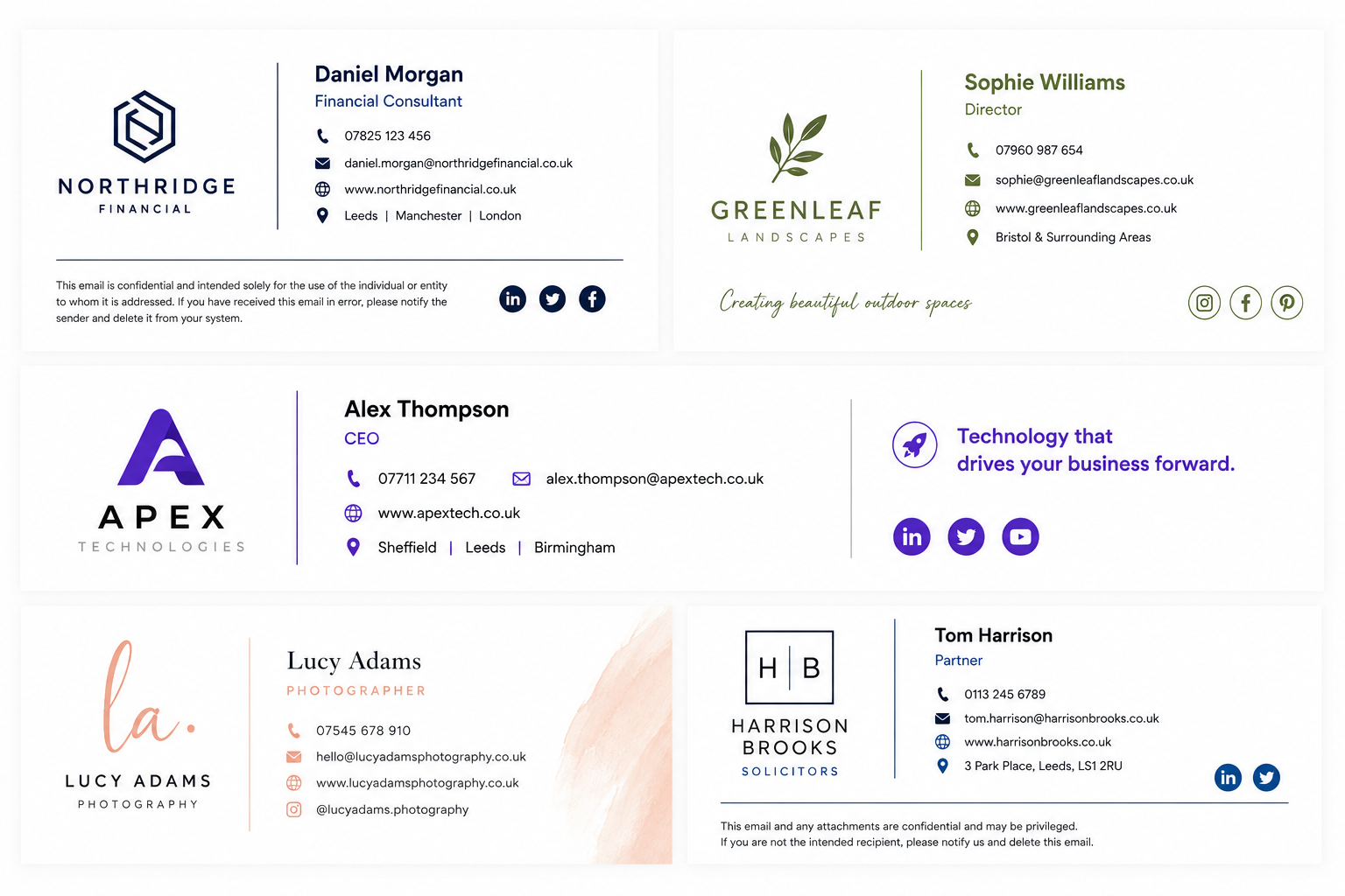 Multiple branded email signature variations for finance, landscaping, technology, photography and legal businesses.