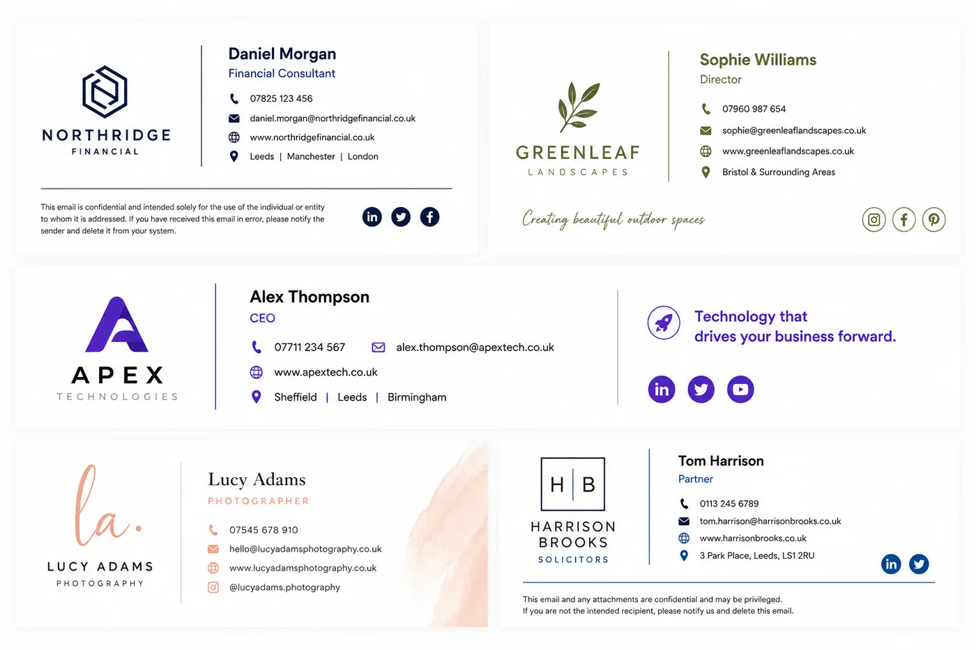Multiple branded email signature variations for finance, landscaping, technology, photography and legal businesses.