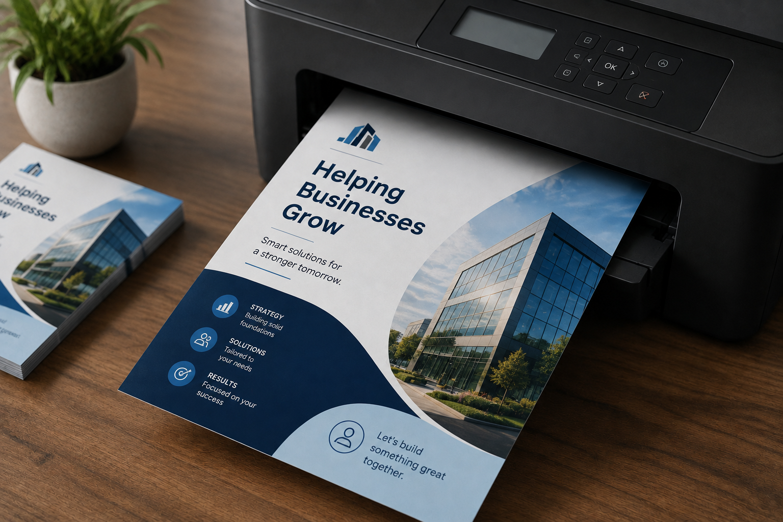 A flyer being printed with a stack of finished leaflets beside the printer