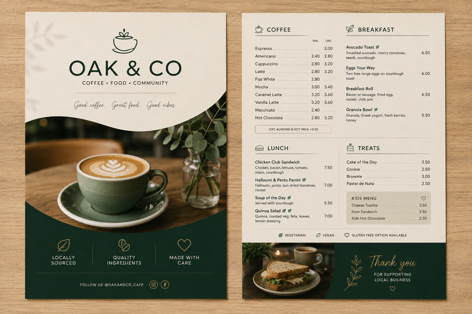 A two-sided cafe and restaurant flyer menu design laid out on a wooden table