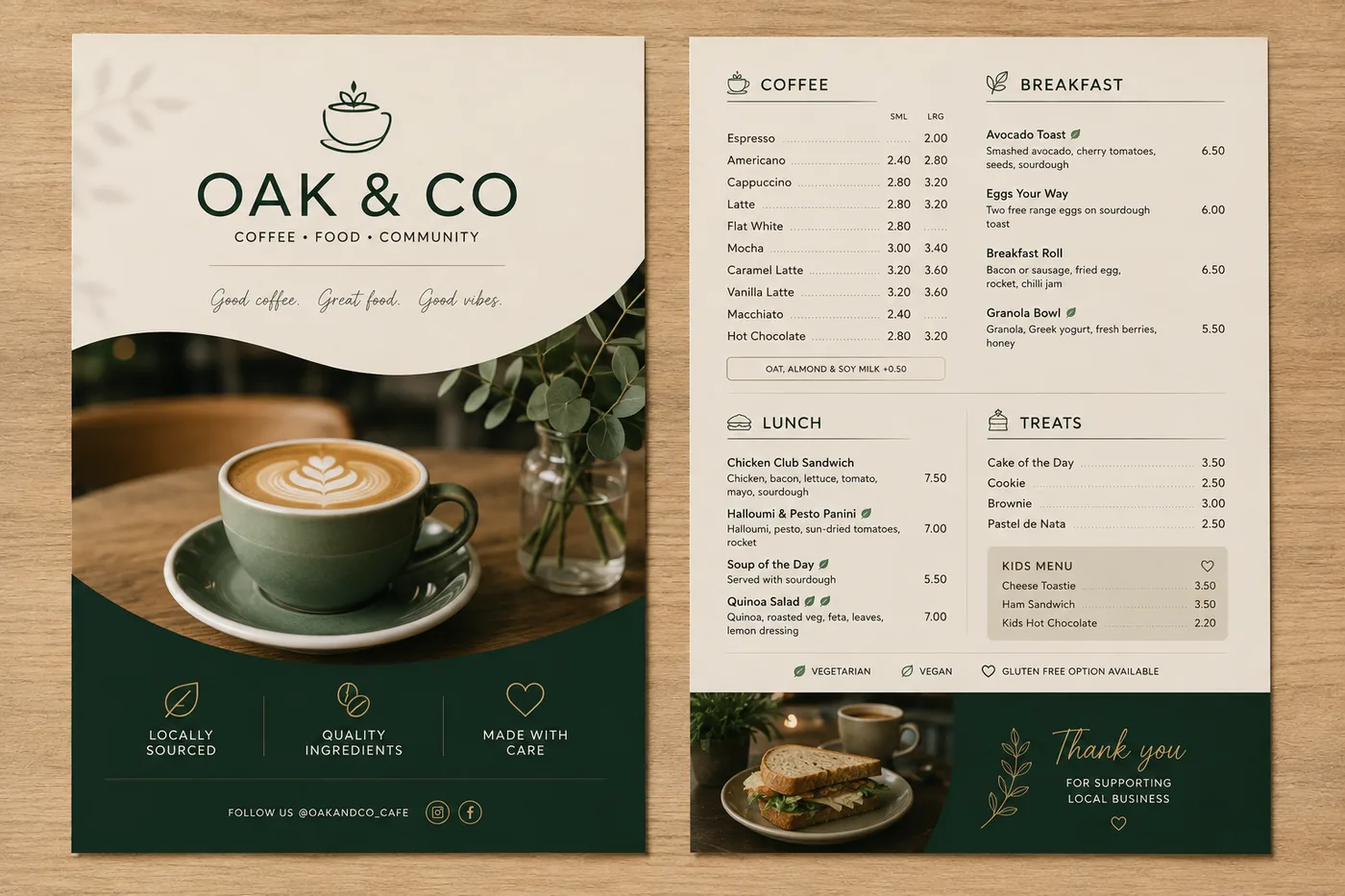 A two-sided cafe and restaurant flyer menu design laid out on a wooden table
