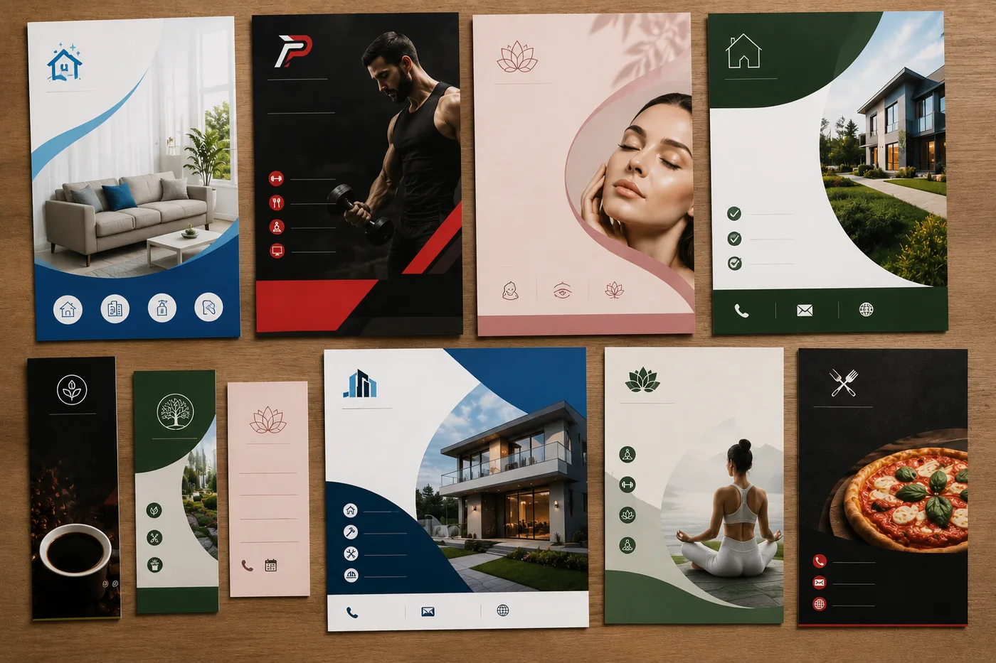 A table of flyer design variations for property, fitness, beauty, cafe and local service businesses.