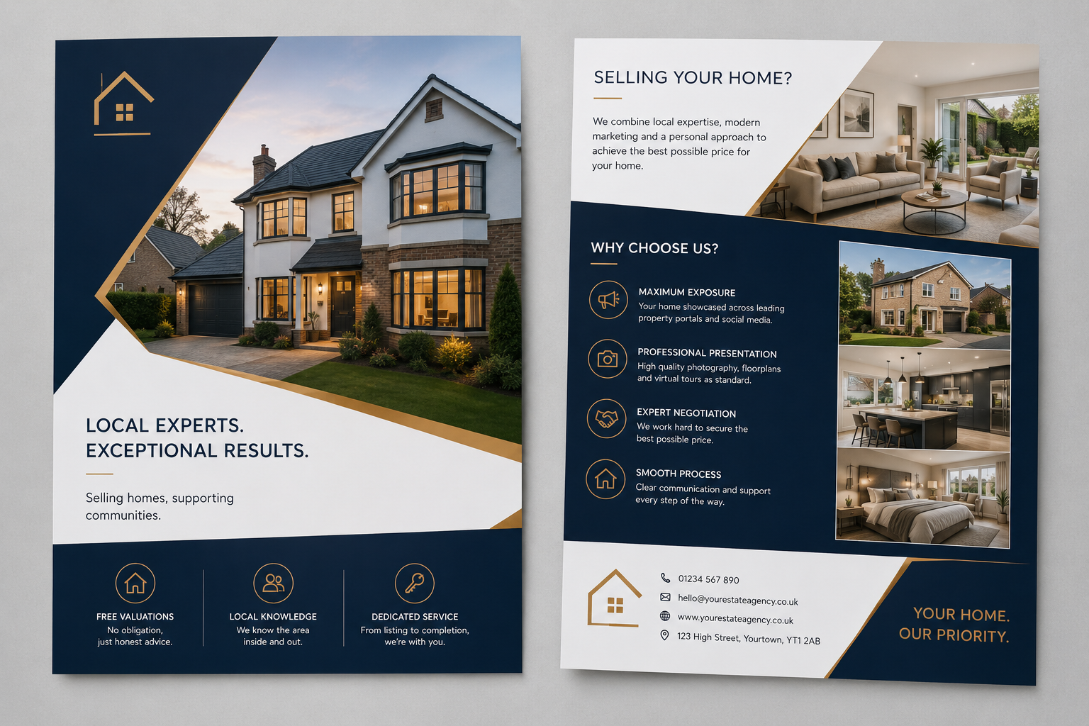 A two-sided estate agency flyer with property photography, service points and contact details