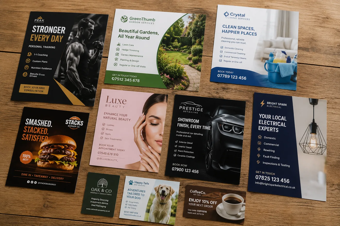 A collection of printed flyer examples for gyms, gardens, cleaning, beauty and trades
