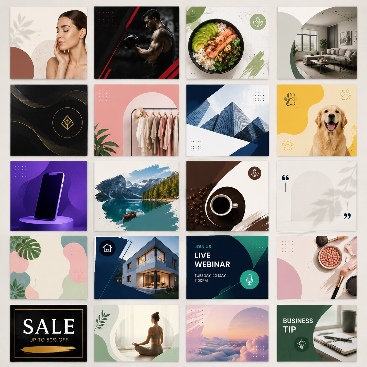 A grid of social media post template examples across different business styles.