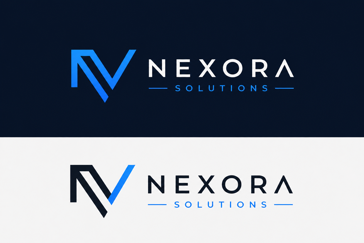 The same Nexora Solutions logo shown in dark and light colour variations