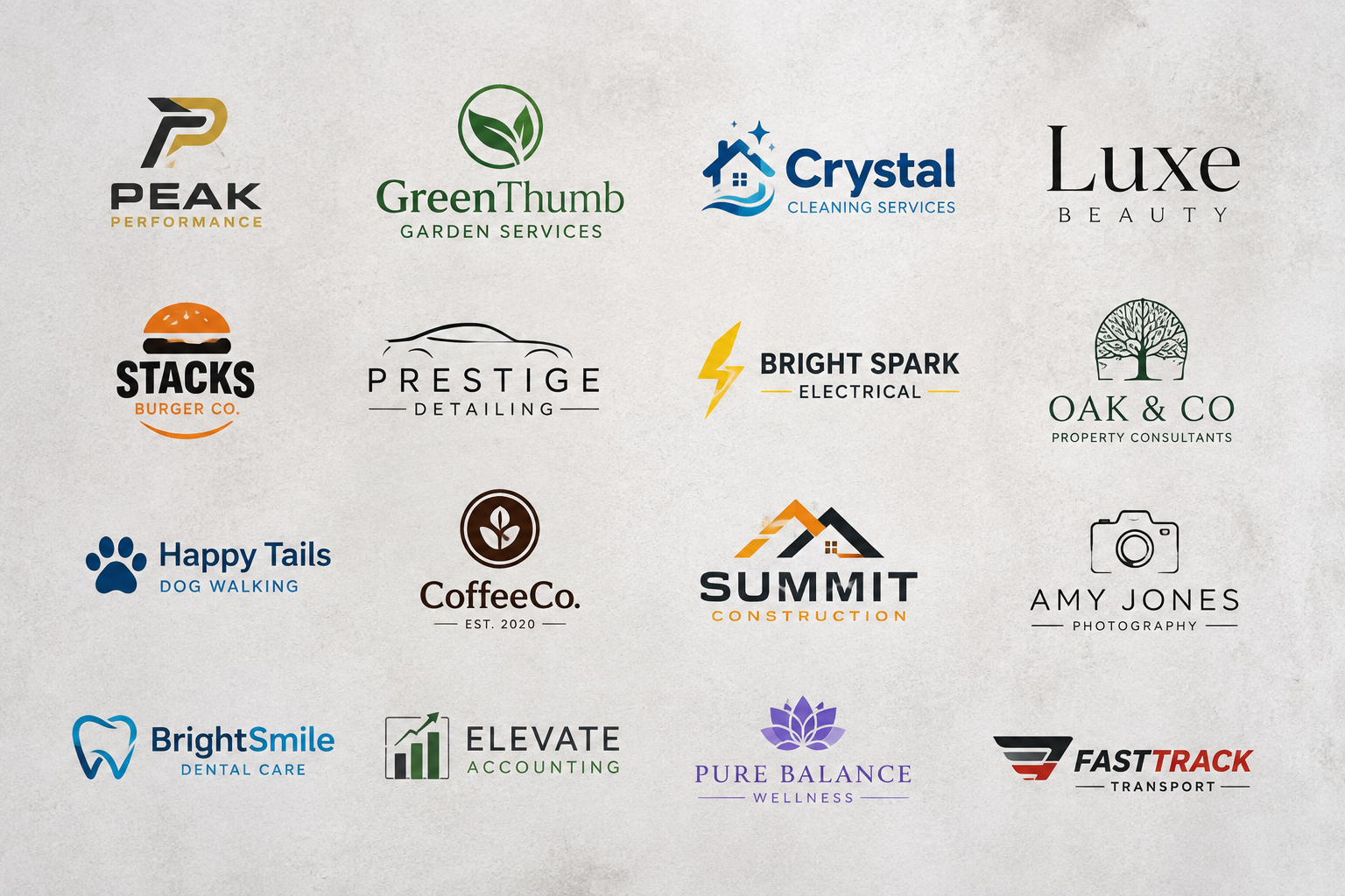 A board of example logo designs for fitness, gardening, cleaning, beauty, trades and professional services.