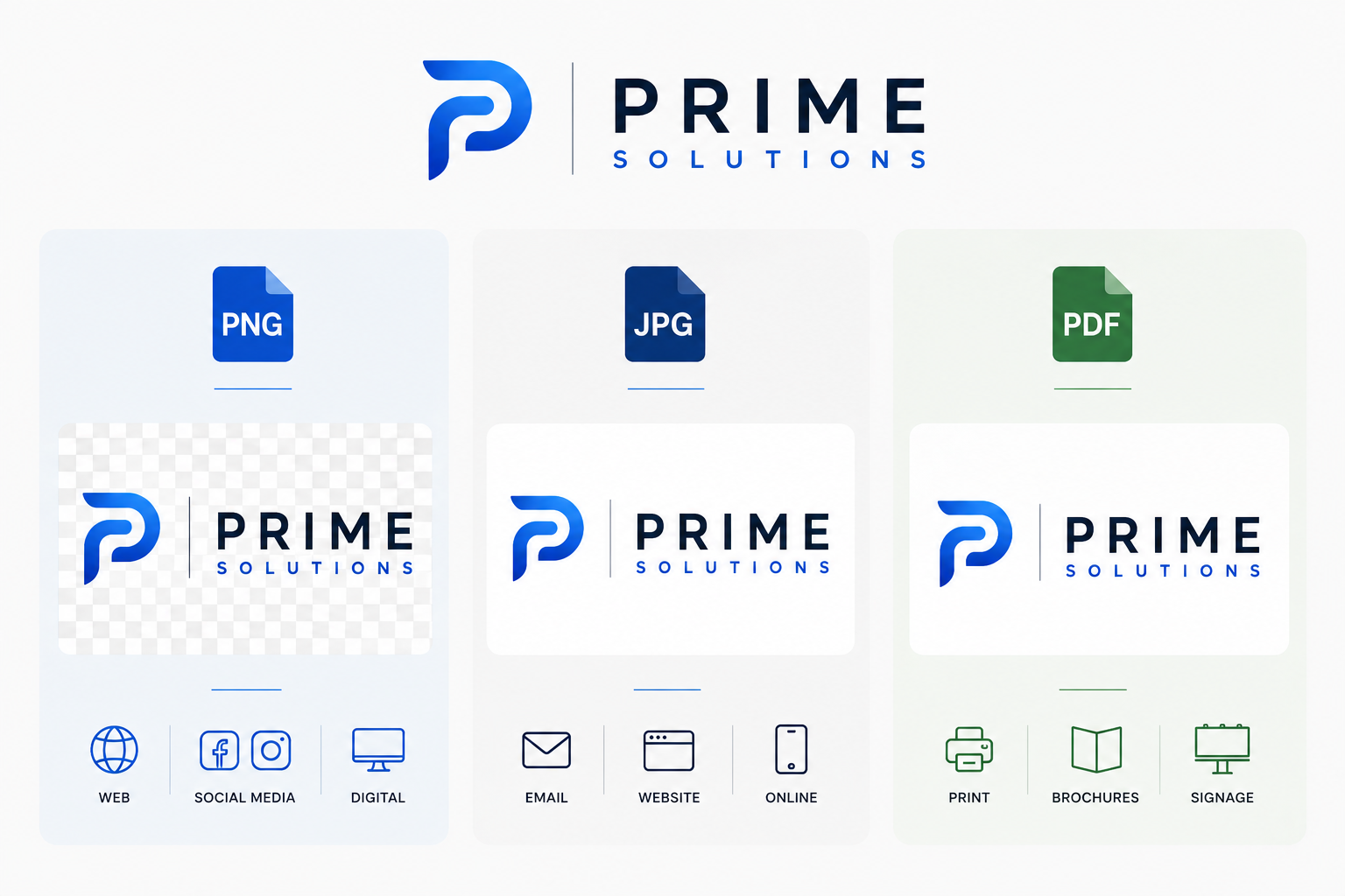 Prime Solutions logo supplied as PNG, JPG and PDF formats for web, email and print
