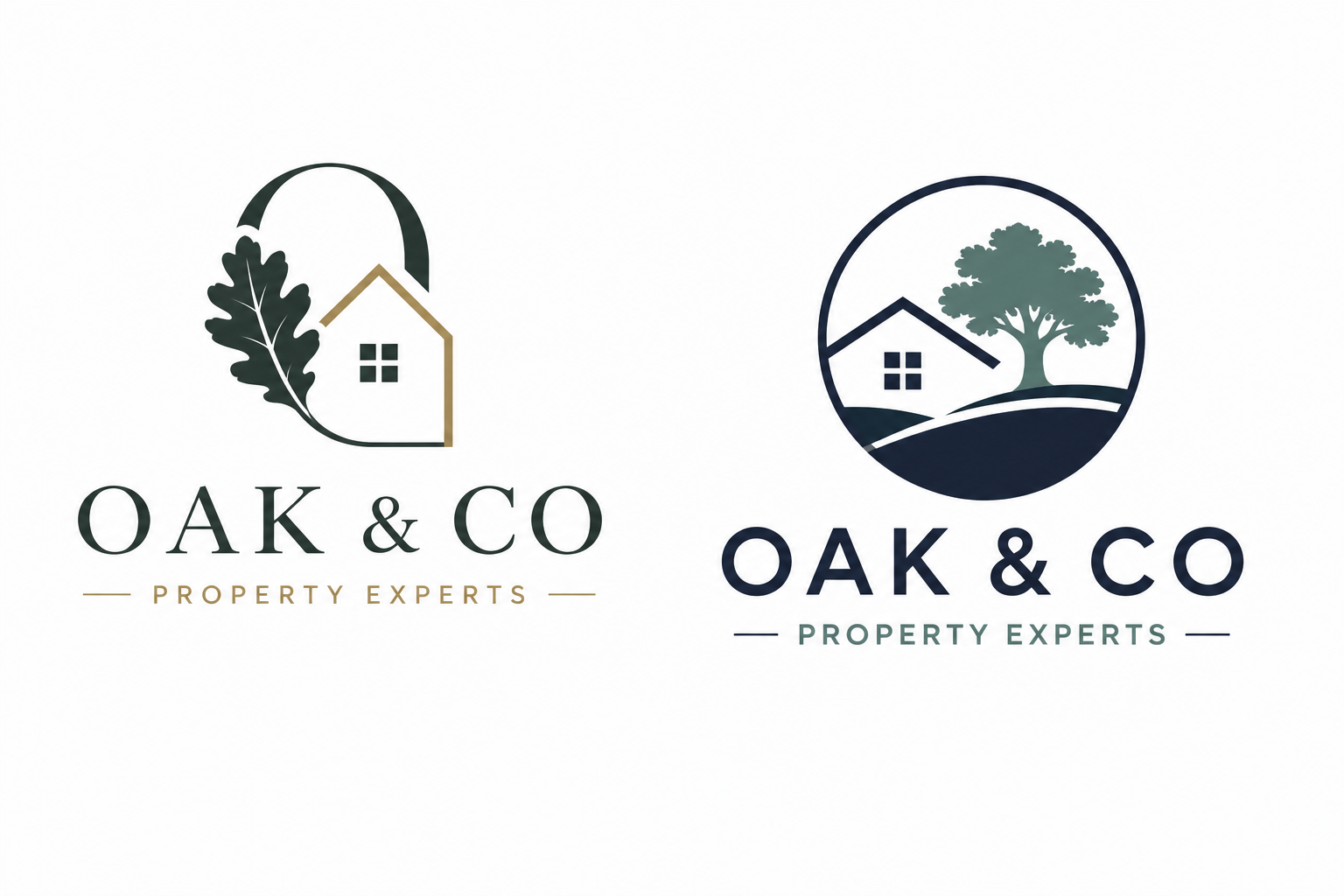Two logo concept variations for Oak and Co Property Experts shown side by side