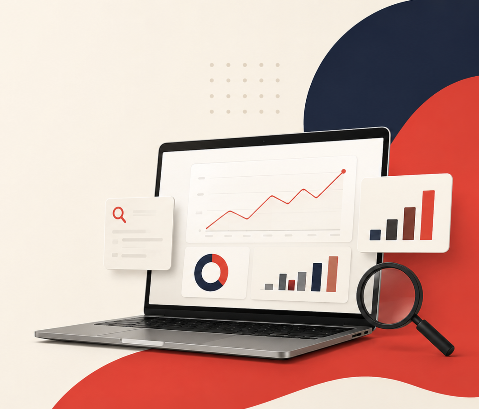 SEO analytics dashboard shown on a laptop with search and growth graphics.
