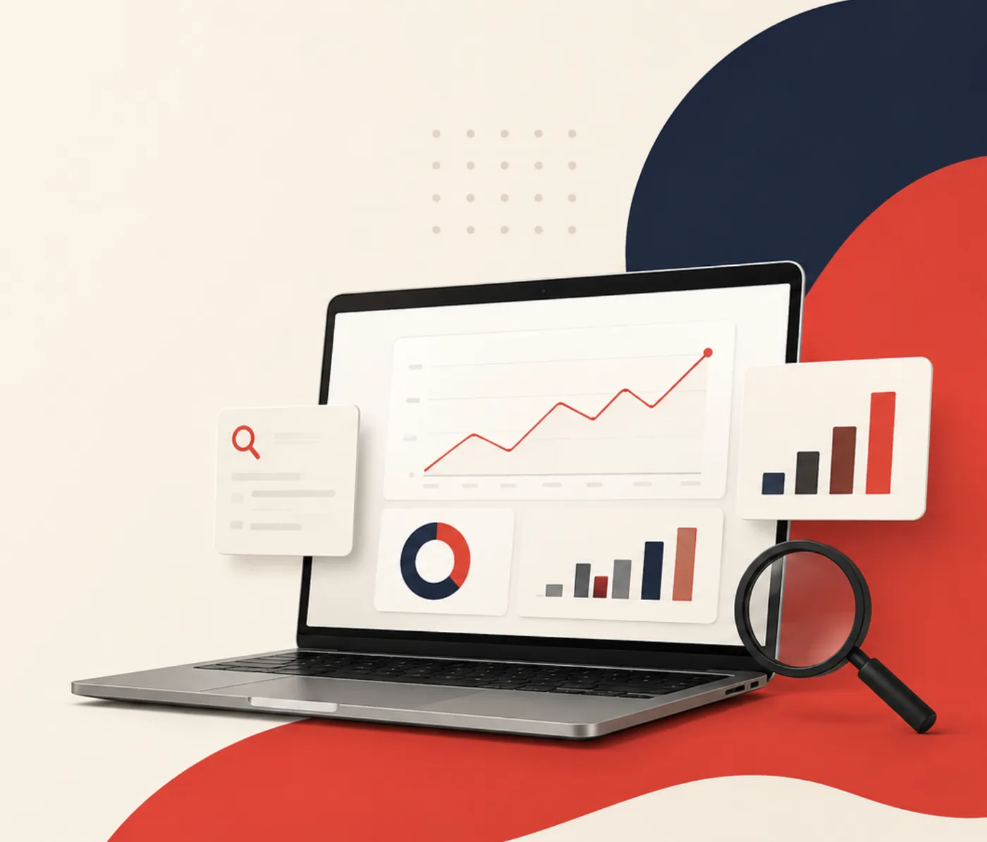 SEO analytics dashboard shown on a laptop with search and growth graphics.