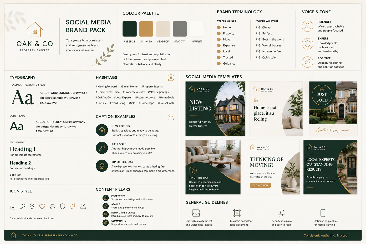 A complete social media brand pack with colour palette, typography, hashtags, captions, templates and guidelines.