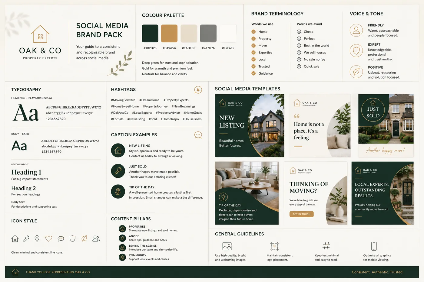 A complete social media brand pack with colour palette, typography, hashtags, captions, templates and guidelines.