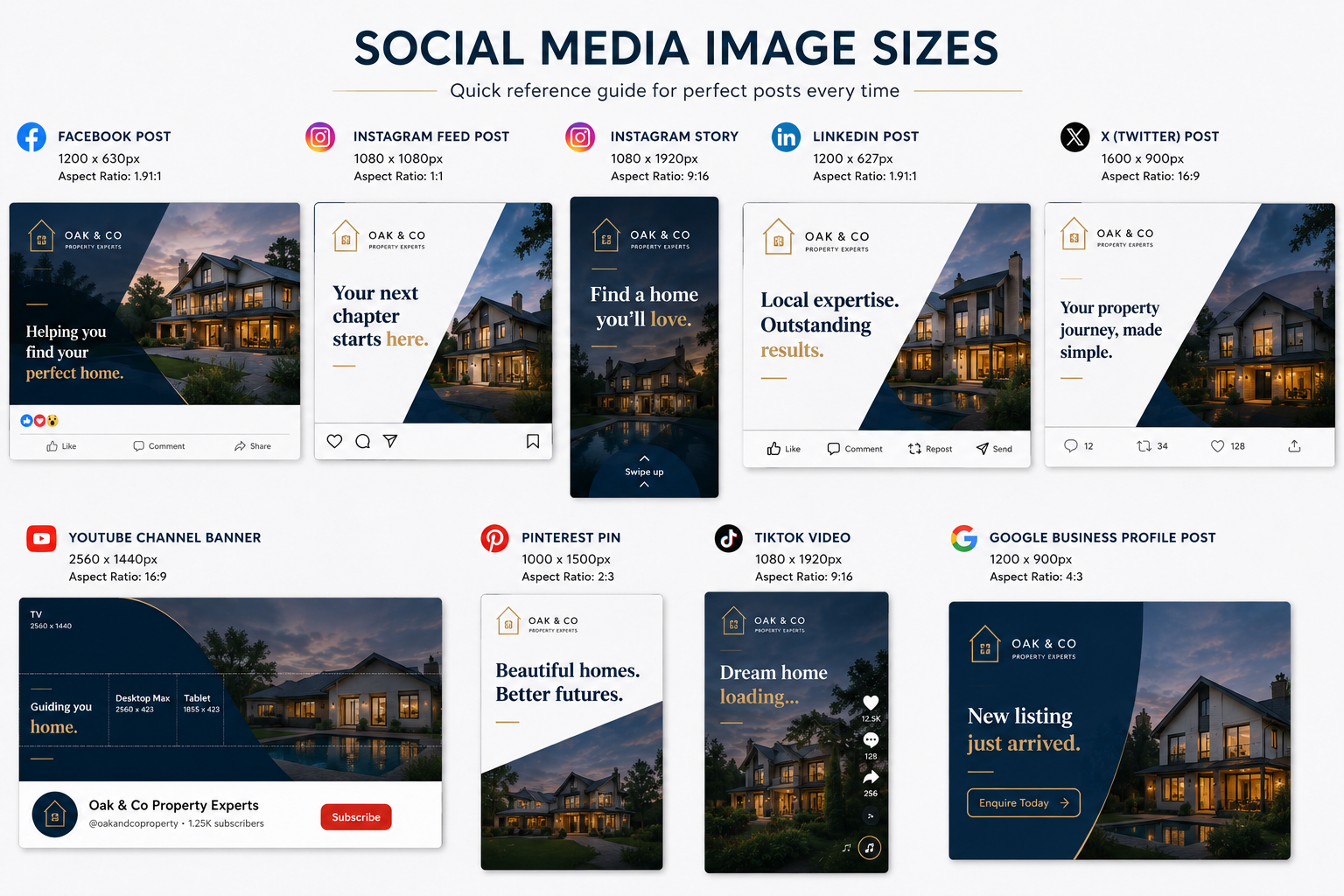 Social media image size guide showing examples for Facebook, Instagram, LinkedIn, YouTube, Pinterest, TikTok and Google Business Profile