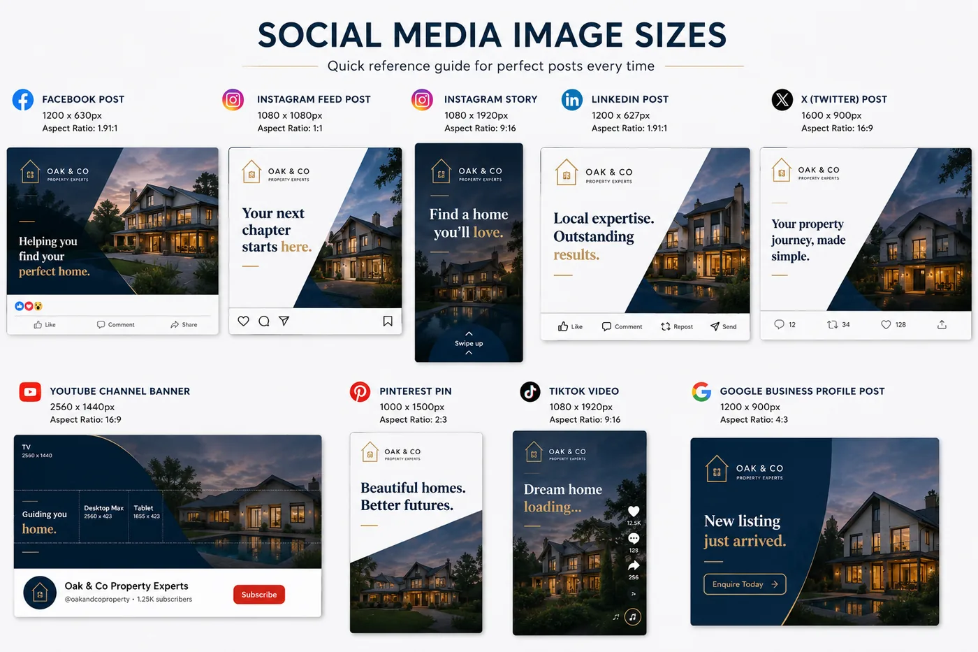Social media image size guide showing examples for Facebook, Instagram, LinkedIn, YouTube, Pinterest, TikTok and Google Business Profile